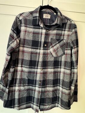 Men’s Gray Plaid Button-Down Shirt with Burgundy Accents size M